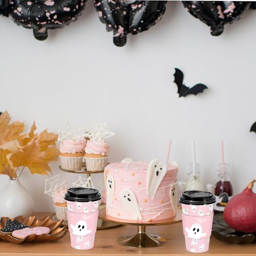 Pink Halloween Ghost Coffee Cups Set - 50 Pcs 16oz Disposable Cups with Lids & Sleeves