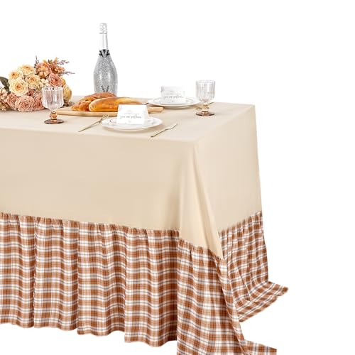 Fanqisi Brown Checked Ruffle Tablecloth - 132 x 90 Inch Waterproof Polyester Decor