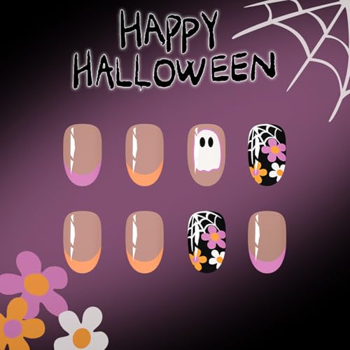 Halloween Short Oval Press-On Nails with Ghosts Spiders & Bats - Variation 7
