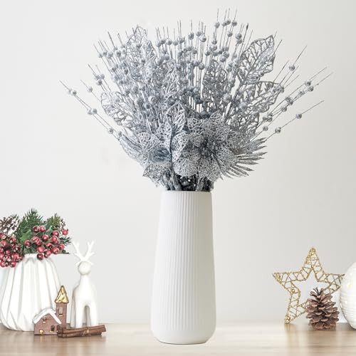 Christmas Tree Ornaments Set - Silver Artificial Flowers & Berry Stems, 24 Pack