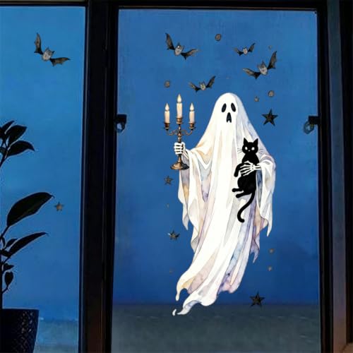 Halloween Window Clings - Large Cat Ghost Spooky Stickers, 1 Sheet - Halloween Style 17