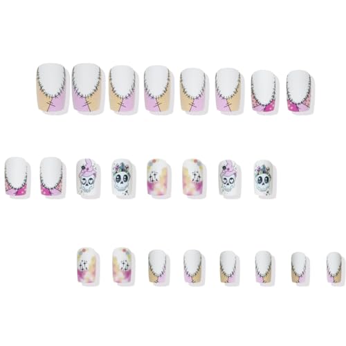 Halloween Press On Nails Medium Square Skull Fake Nails White Pink Ombre 24 Pcs Style-D20