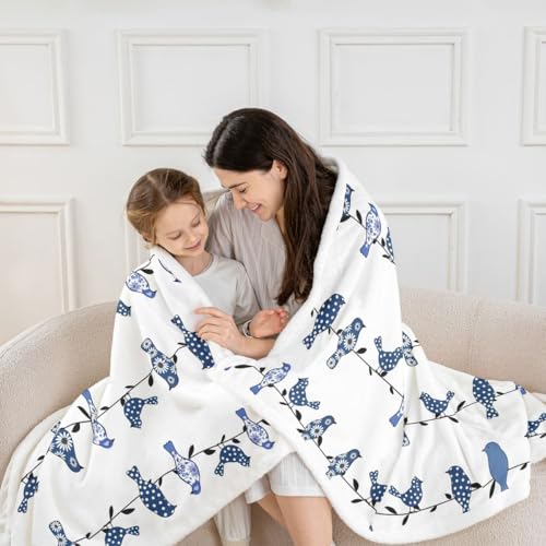 Kids Bird Blanket Throw - Blue, Multi 6 / Boho Nature Floral Animal Print