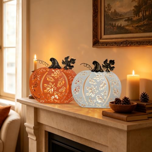 Lighted Metal Fall Pumpkins Decor Set - Orange & White, Rustic Autumn Accent with Leaf Shadows