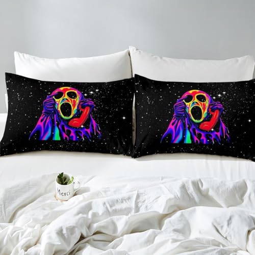 Blacklight Horror Skull Pattern Full Bed Sheets Set - Kids Halloween Bedding with Pillowcases (Variation of Multi 0108)