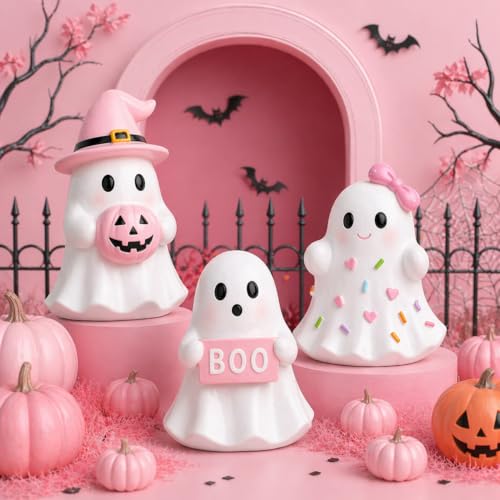 Pink Halloween Ghost Figurines Set of 3 Indoor Table Decor - Spooky Cute Home Accents