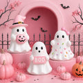 Pink Halloween Ghost Figurines Set of 3 Indoor Table Decor - Spooky Cute Home Accents