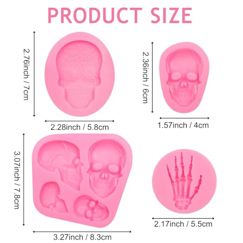 Halloween Skull Silicone Mold Set with Skeleton Hands & Sugar Skull - Pink M107