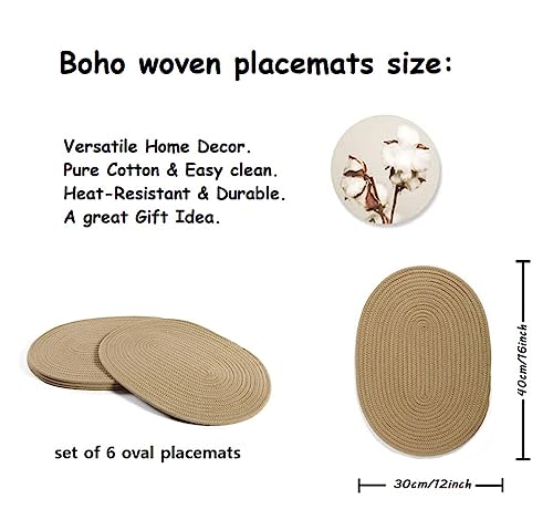 Khaki Jute Woven Oval Placemats Set of 6 - Heat Resistant Farmhouse Table Mats
