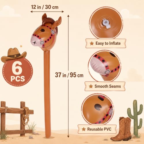 Brown Inflatable Horse Head Balloons - 6 Pack, Reusable Western Party Decorations