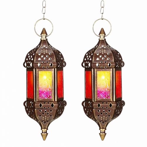 Moroccan Hexagon Candle Lantern Holders Set of 2 - Indoor Outdoor Hanging Decor
