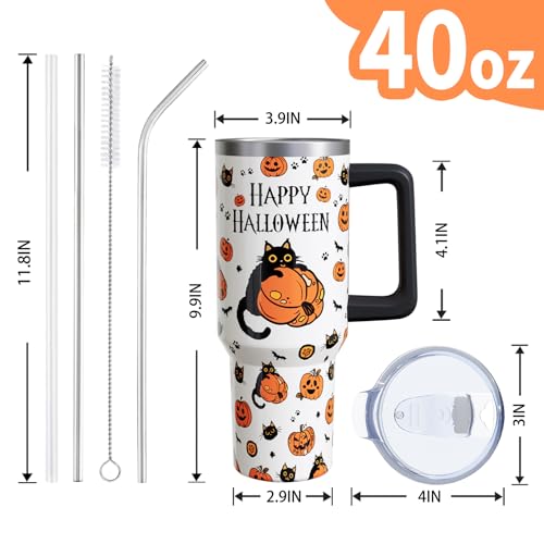 Halloween Cat 40oz Insulated Tumbler Cup with Handle & Straw - Goth Pumpkin Theme