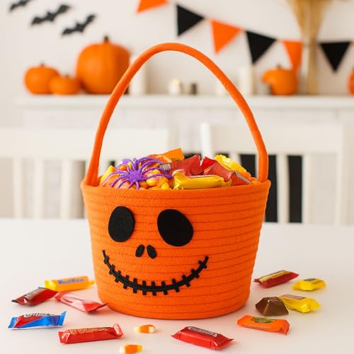 Halloween Woven Basket Candy Storage Bin with Smiley Ghost - Portable Trick or Treat Container