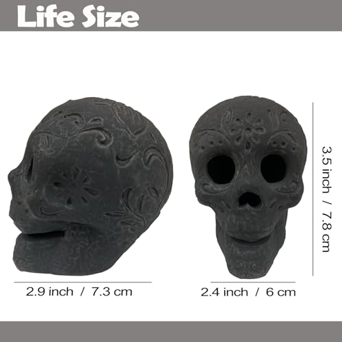 8 Piece Ceramic Skull Fire Pit Decor - Reusable Halloween Skeleton Head Set - Black Variation