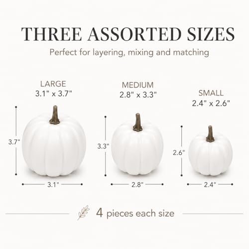 White Mini Pumpkins Artificial Fall Decor Set - 12 Pieces in 3 Sizes with Variation