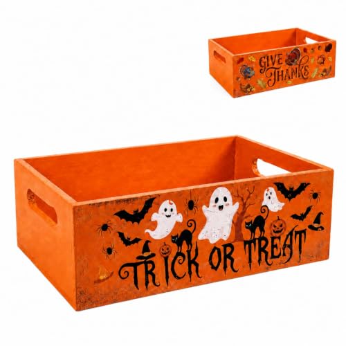 Halloween Candy Bowl Trick or Treat Holder Wooden Double Sided Decor
