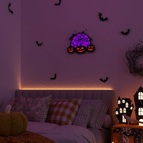 Purple Halloween Pumpkin Lights LED Jack O Lantern with Moons & Web - USB/Battery Powered