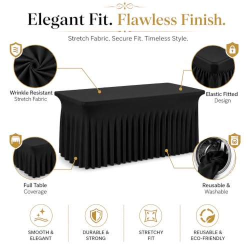 8ft Black Spandex Fitted Table Cover 4 Pack - Wrinkle-Free, Elastic Tablecloth with Skirt for Events