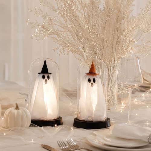 Light Up Ghost in Glass Cloche Halloween Decor - Yellow Hat Variant