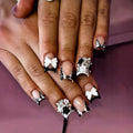 Colorful 8-Piece French Tip Press-On Nails Short Square Fake Nails with Bow Flower Rhinestones