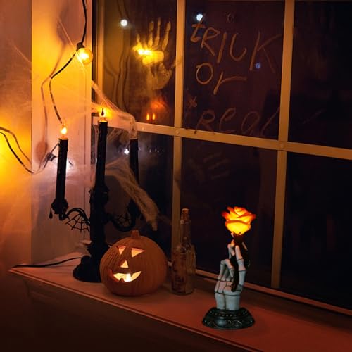 Gothic Halloween Skeleton Hand with LED Rose Statue - Indoor Decor