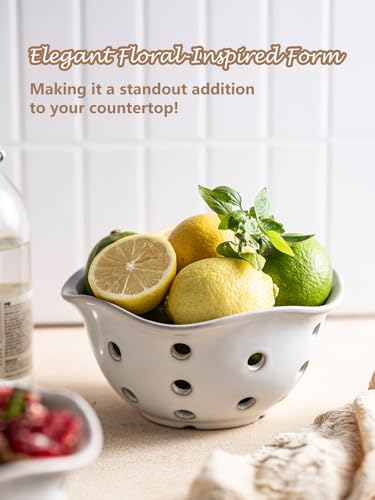 Ceramic Fruit Basket Set - 7.6 Inch White Berry Bowls with Drainage Holes, Floral Variation