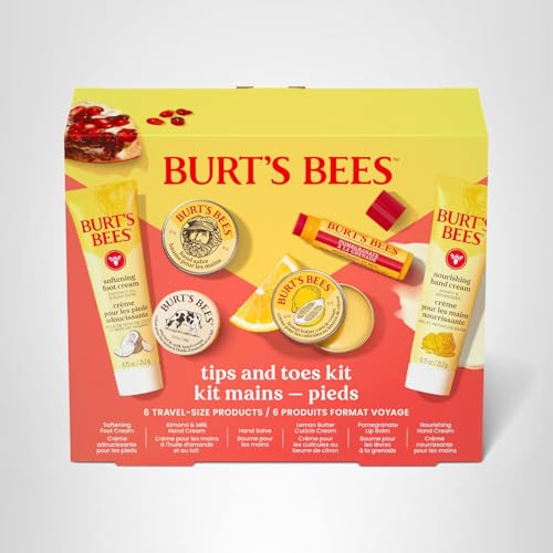 Burt's Bees Valentine's Day Gifts Ideas, Tips and Toes Kit, 6 Travel Size Products - Pomegranate Moisturizing Lip Balm, 2 Hand Creams, Foot Cream, Cuticle Cream, and Hand Salve