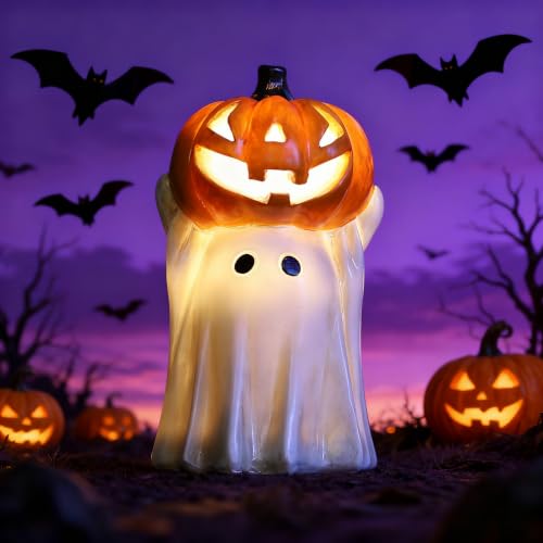 Halloween Ghost Decoration with Light-Up Jack-o'-Lantern Head - 7.7in White Ghost with Mini Pumpkin & LED Lights, Indoor & Outdoor Festive Decor - Variation of 7.7in Jack-o'-Lantern Head