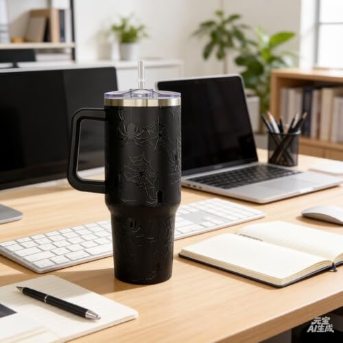 40oz Spiderweb Tumbler with Handle - Halloween Coffee Mug for Spooky Lovers - Black
