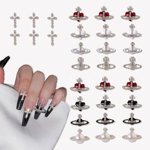 30 Pcs Heart & Planet Nail Charms Set - Rhinestones, 3D Cross & Saturn Design