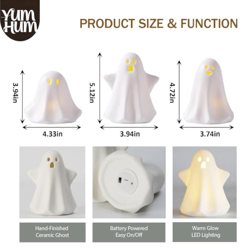 3-Pack Ceramic Ghost Halloween Decorations with Warm Amber LED Glow - Indoor Spooky Decor