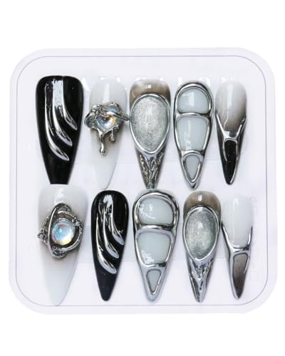 Cyber Goth Black & White Almond Stiletto Press-On Nails with Rhinestones - A70 / S