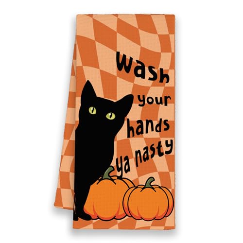 Pumpkin Orange Fall Black Cat Kitchen Hand Towels - Harvest Halloween Decor