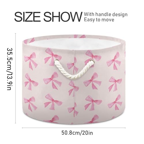 Pink Bow Round Storage Basket A61 - Laundry, Nursery & Living Room Organizer