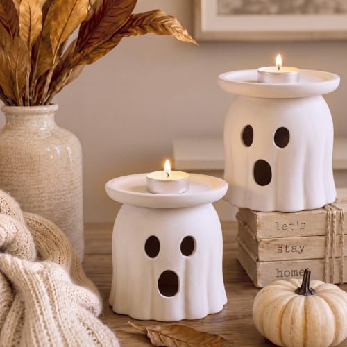Ghost Shaped Halloween Candle Holders - Terracotta Table Decor - Set of 2