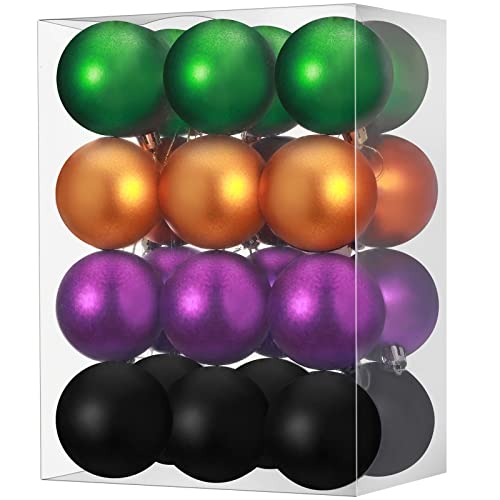 24 Pcs Christmas Tree Ornaments - Plastic Hanging Decor Balls in Black, Purple, Green & Orange - 2.4 Inch Holiday Decorations