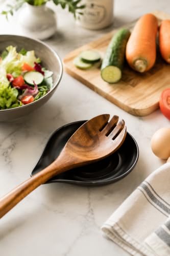 Ceramic Spoon Rest for Stove Top - Large Kitchen Utensil Holder - Black Variation 1