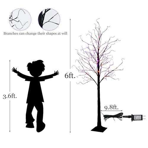 6Ft Black Birch Halloween Tree with 144 LED Purple & Orange Lights - 1 Pack