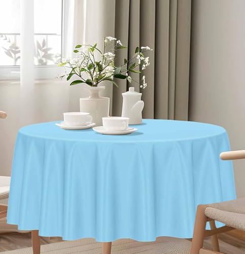Light Blue Round Plastic Tablecloth 84 Inch Waterproof Disposable for Parties and Events