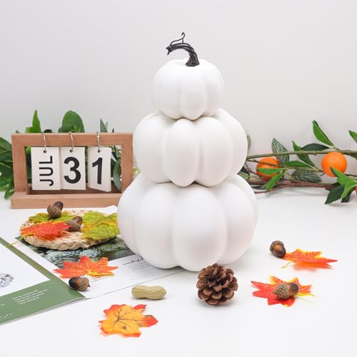 Artificial White Pumpkin Tower Decoration - Fall Autumn Halloween Decor - Variation C