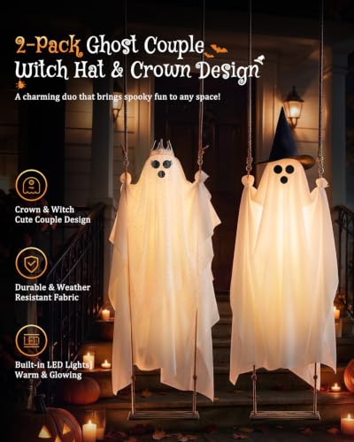 2-Pack Swinging Ghost Outdoor Halloween Decorations - Adjustable 4.5-7.2 FT Wind-Activated Ghosts with Lights