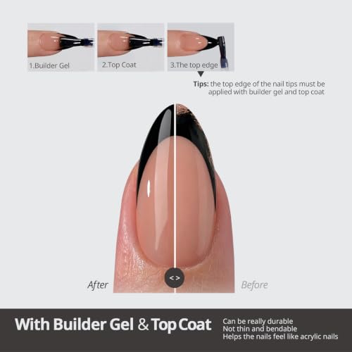 French Tip Press On Nails - Black Square Long Variant for Natural Look