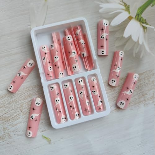 Halloween Ghost Fake Nails - Extra Long Press-On Nails with White Ghost Design