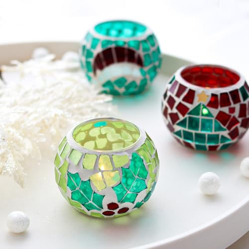 Christmas Mosaic Glass Tealight Candle Holders - Set of 4, Red & Green Holiday Decor