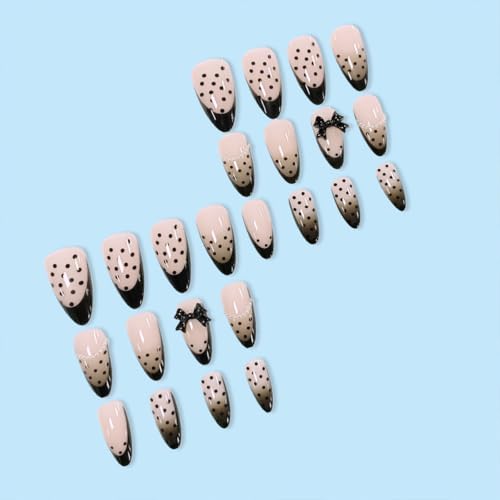 Medium Almond Press On Nails with Black French Tip & Polka Dots – Style-32