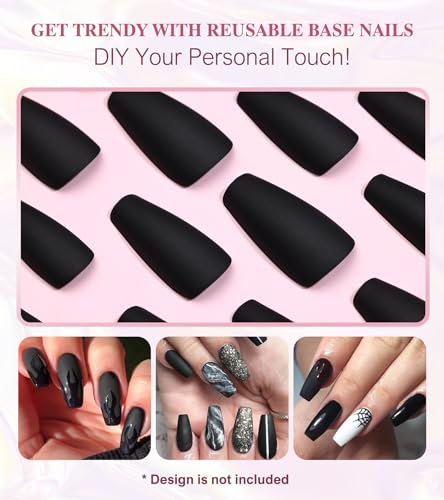 Coffin Black Velvet Matte Fake Nails - Long Press On Nails, 12 Sizes, Variation 07