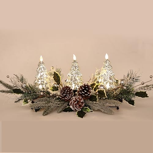 Silver Christmas Tree & Pine Cone Table Centerpiece with LED Lights - Holiday Decor