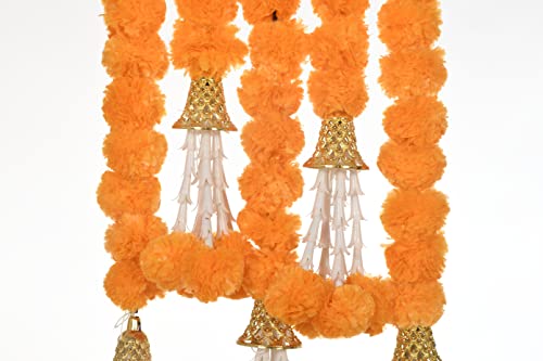 Artificial Marigold Garland - 5 Feet Long Flower Strands for Indian Decor, Weddings, Diwali, Christmas - Orange - 5 Pieces