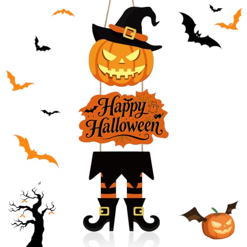Halloween Door Sign with Witch Legs and Hat - Red Variation - 38 Inch Halloween Decor