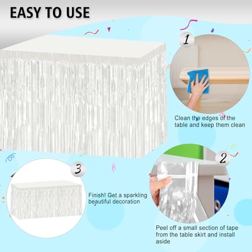 White Foil Tinsel Fringe Table Skirt 2 Pack - 29.5x108 Inches for Weddings Parties